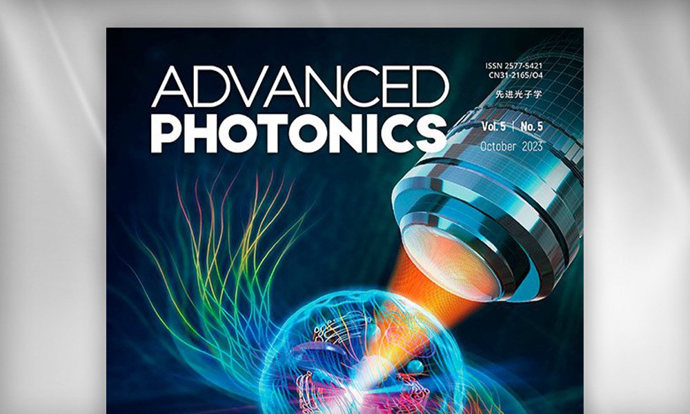 SPIE Journal cover for Advanced Photonics, showing a microscope lens illuminating a glowing sphere with colorful light patterns, representing photonics research.