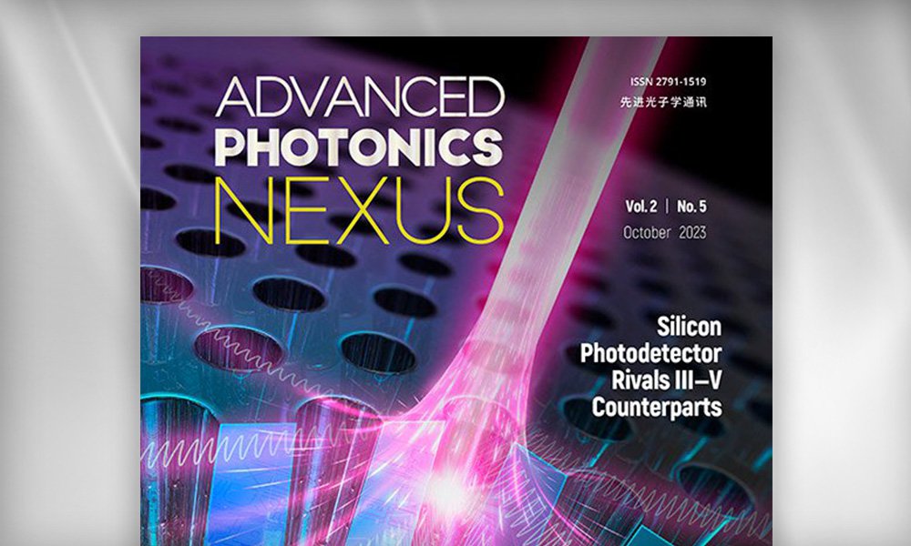 SPIE Journal cover for Advanced Photonics Nexus, showing stylized photonic structures with pink and blue light beams and text highlighting silicon photodetector research.