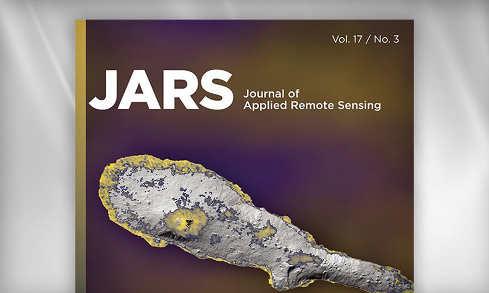 SPIE Journal cover for JARS: Journal of Applied Remote Sensing showing a satellite-style image of an elongated landform against a dark gradient background.