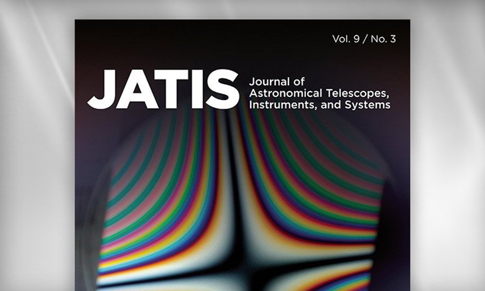SPIE Journal cover of JATIS: Journal of Astronomical Telescopes, Instruments, and Systems featuring abstract rainbow-colored light patterns forming a cross-like optical design.