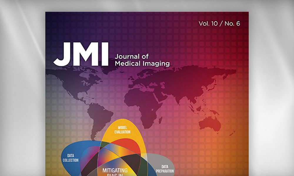 SPIE Journal cover of JMI: Journal of Medical Imaging featuring a world map over a gradient grid background with overlapping colored shapes illustrating stages of medical imaging workflows.