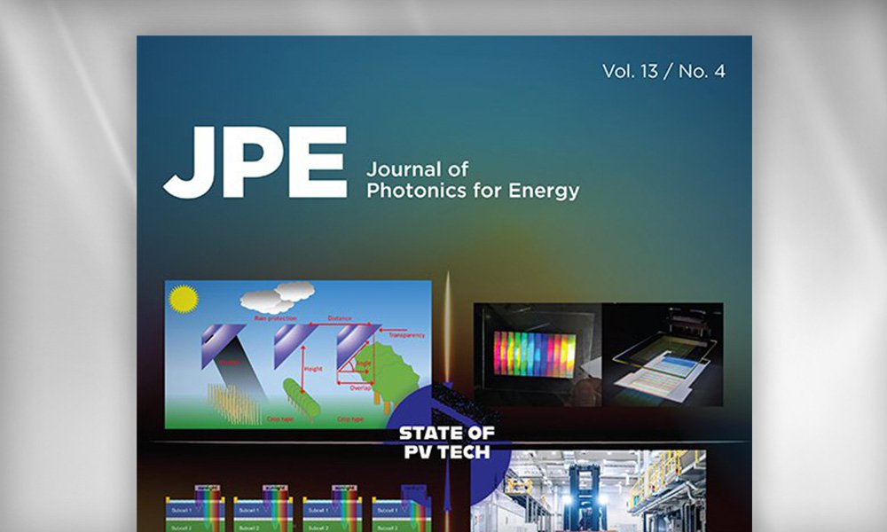 SPIE Journal cover of JPE: Journal of Photonics for Energy showing diagrams and images related to photovoltaic technology, spectral analysis, and energy systems.