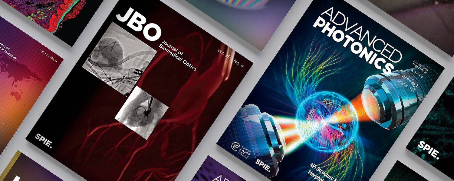Collage of SPIE journal covers displayed at angled perspectives against a light background, featuring titles including Journal of Biomedical Optics and Advanced Photonics. The covers showcase colorful scientific and photonics-themed imagery, including medical imaging scans, abstract light patterns, and optical beam illustrations.