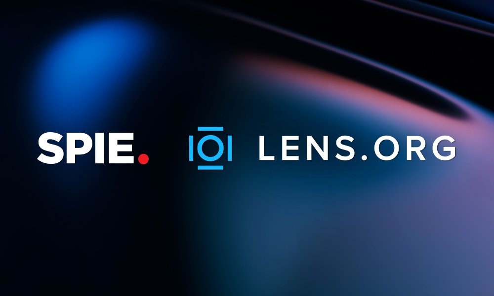 SPIE and Lens.org logos on a background with black, purple, and blue swirls